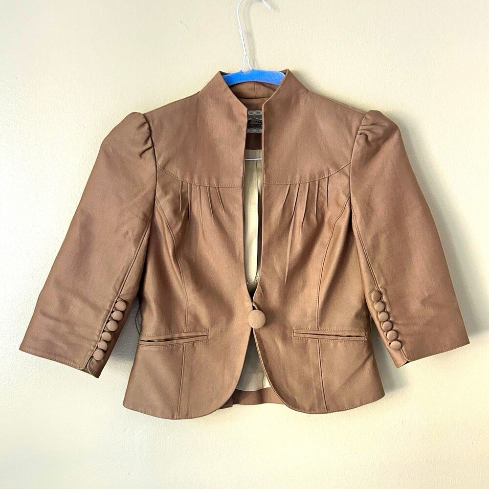 JAK & RAE Tan Brown Crop Blazer Jacket Pleated Puff Sleeve 3/4 Button Sz 2 Y2K